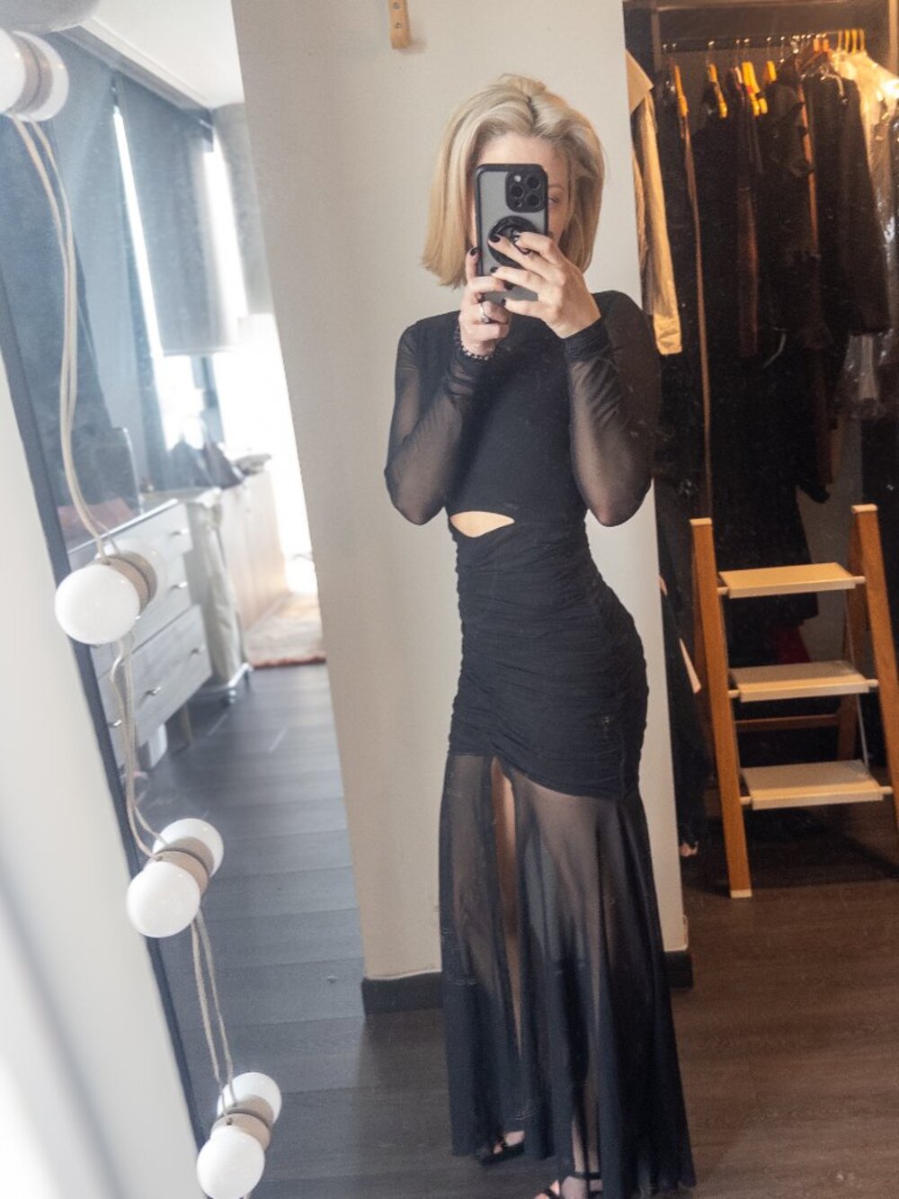 NWT Runaway The Label Juni Black Mesh Cutout Long-Sleeve Maxi Dress XS Formal